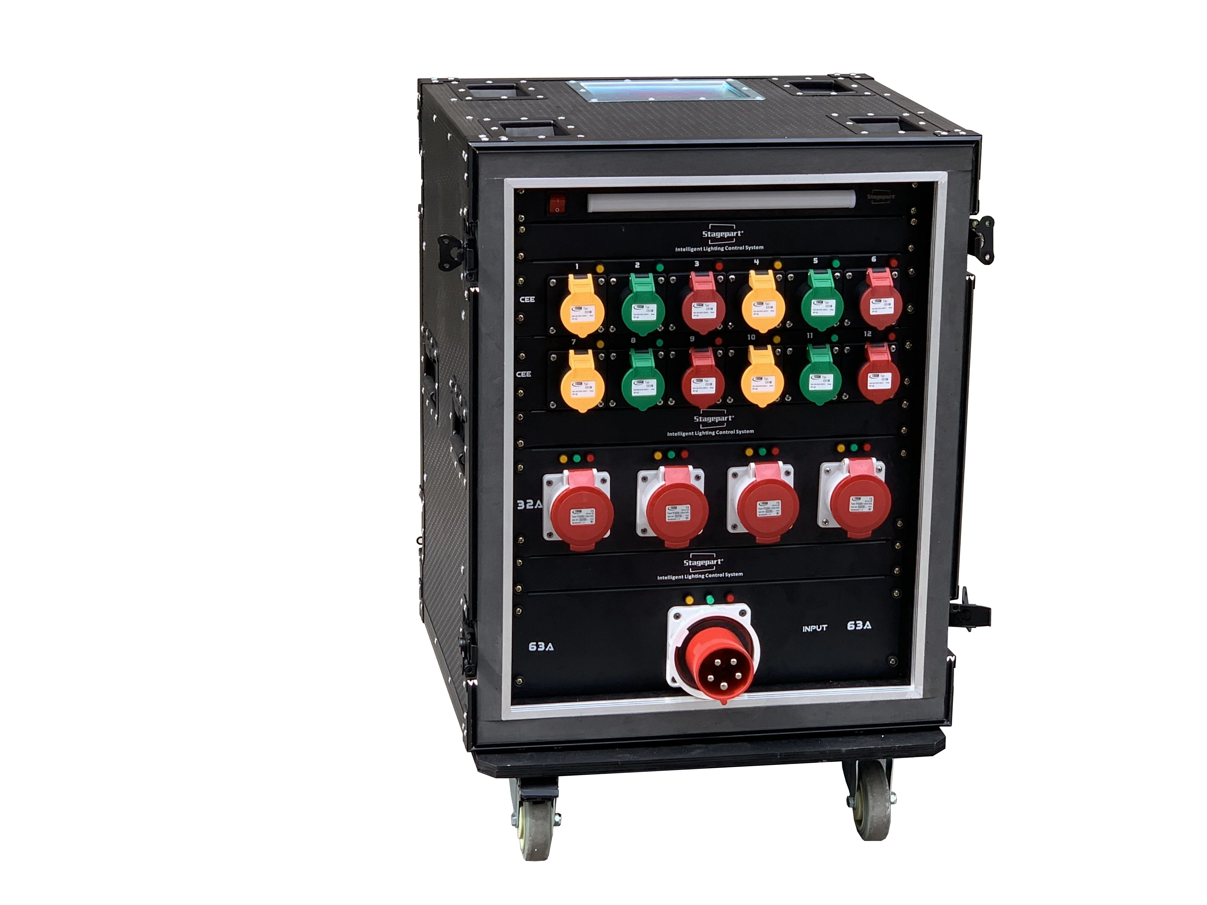 

Распределительный блок питания для сцены 14U с 12 розетками CEE 3-контактные 16А и 4 розетками CEE 5-контактные 32А, 63А, с 2 многопозиционными розетками