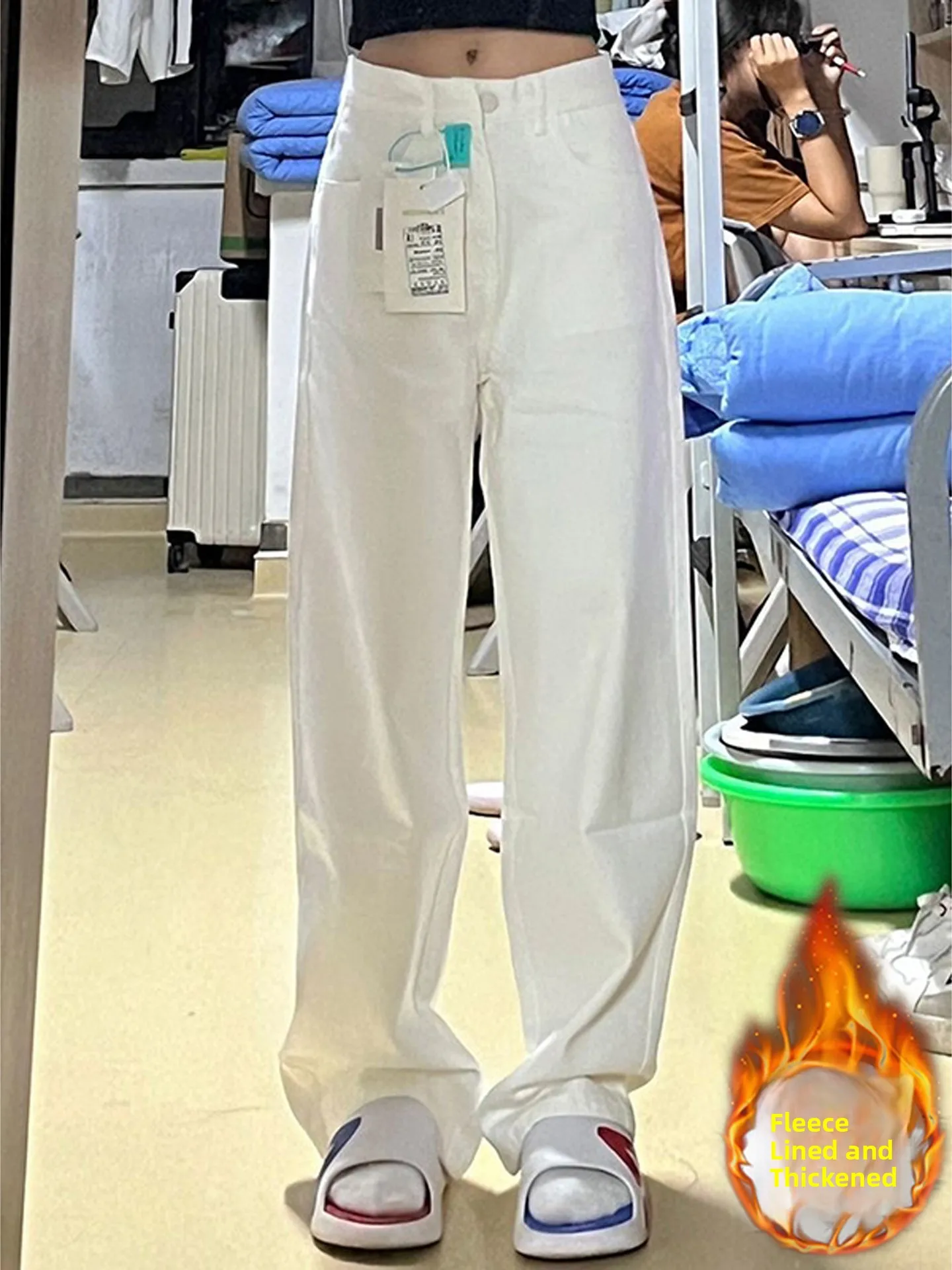 

Extended Size High Waist Fce Lined Wide Leg Jeans Women's Autumn Winter Long Straight Floor Length Pants Casual Sle