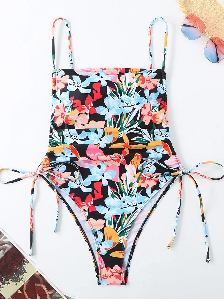 Beach Backless Lace Up Swimwears Bikinis Women 2025 New Summer One Piece Swimwears Sexy High Waist Print One Piece Swimwears