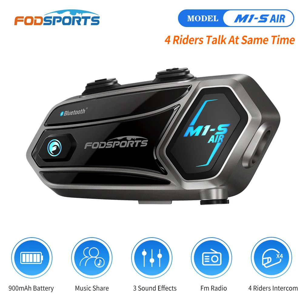 Fodsports M1-S Air Motorfiets Intercom, Helm Bluetooth Intercom, Motorfiets Headset, FM Radio, 4 Rijders 1000m, Muziek Delen.