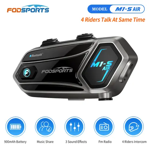 Fodsports M1-S AIR 오토바이 인터콤, 헬멧 블루투스 인터콤, 오토바이 헤드셋, FM 라디오, 4 명의 라이더, 1000m, 음악 공유