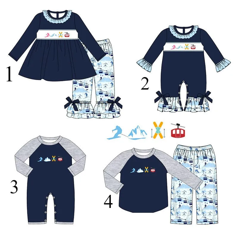 

Оптовая продажа высококачественной повседневной детской одежды, костюмов с длинными рукавами с лыжным принтом, детских комбинезонов, нарядов для брата и сестры.