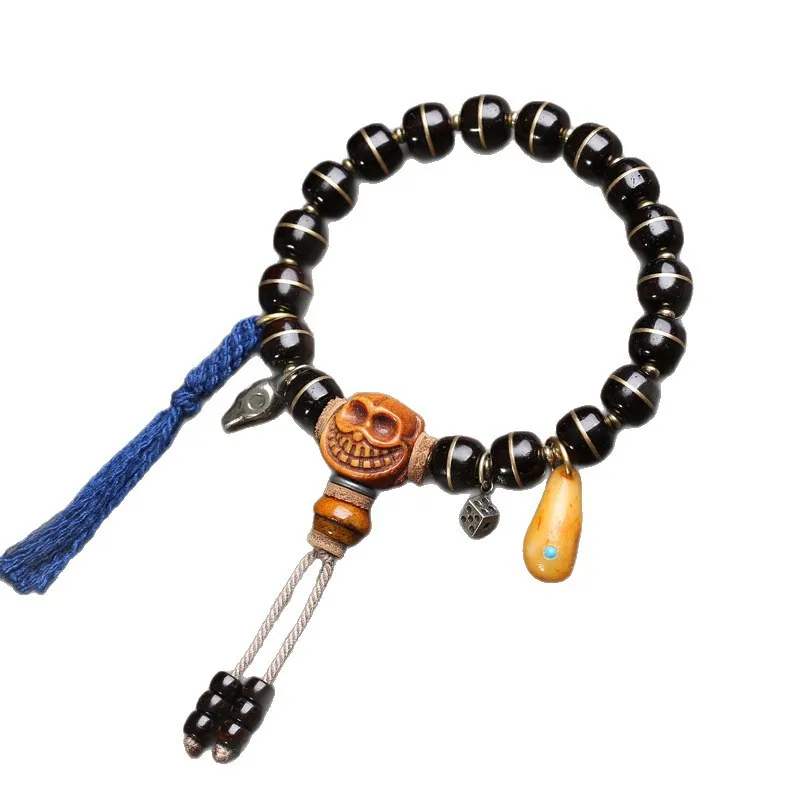 Natural black gold coconut shell copper inlaid barrel beads bracelet, single-loop antler root bone accessories, Buddhist bead br