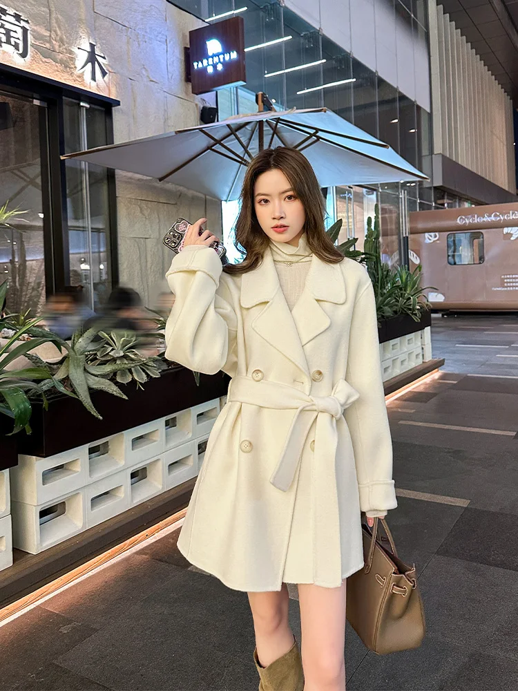 

Двустороннее шерстяное пальто из кашемира для женщин, весна-осень, премиум-класса, приталенное, в корейском стиле, новинка 2026 года, модное, прямого кроя, с длинными рукавами