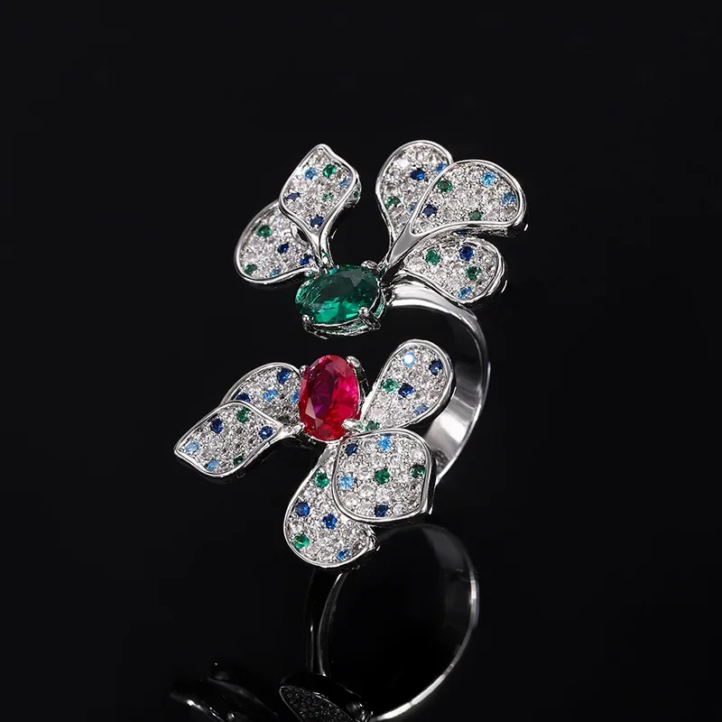 

Luxury Designer High Quality Red Green Oval Crystal Flower Adjustable Ring Women Jewelry Exquisite Elegant Fashion Accessories