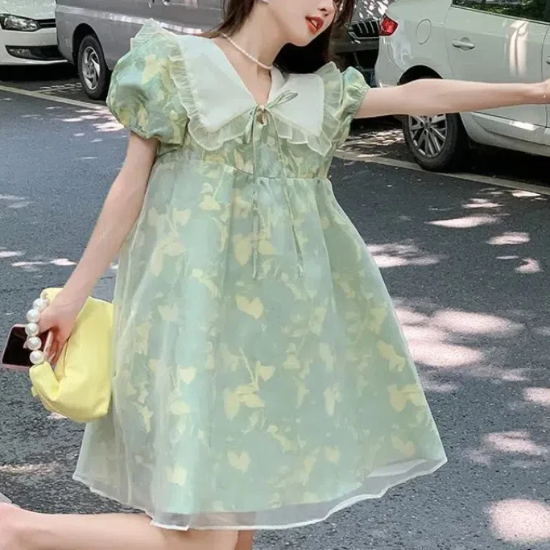 

2024 Summer New Women's Korean Commute Printed Spliced Peter Pan Collar Drawstring Loose Short Sleeve Sweet Chic A-line Dresses