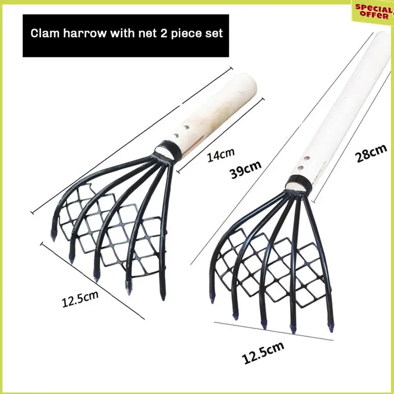 A34R Small Nail Rake With Net Bag Small Rake Shell Digging Tool Sea Catching Small Wooden Rake Wooden Handle Rake Small Rake