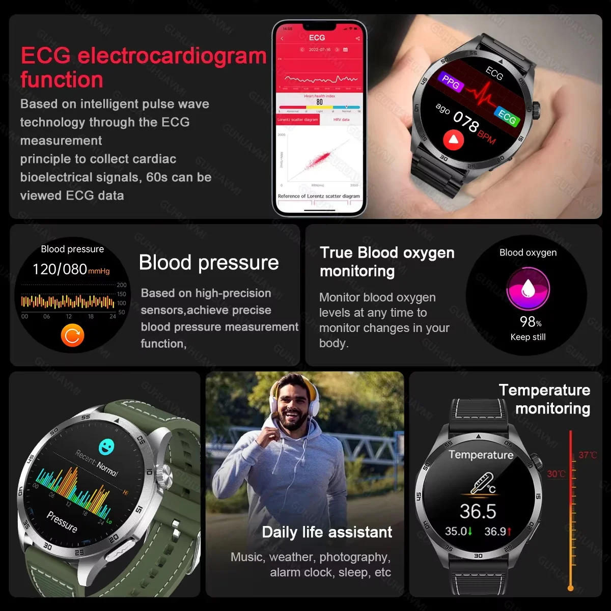 Moda NUOVO Esperto di salute Trattamento laser Salute Smart Watch ECG + PPG Tre alti Orologio Pressione sanguigna Frequenza cardiaca Chiamata HD Orologi
