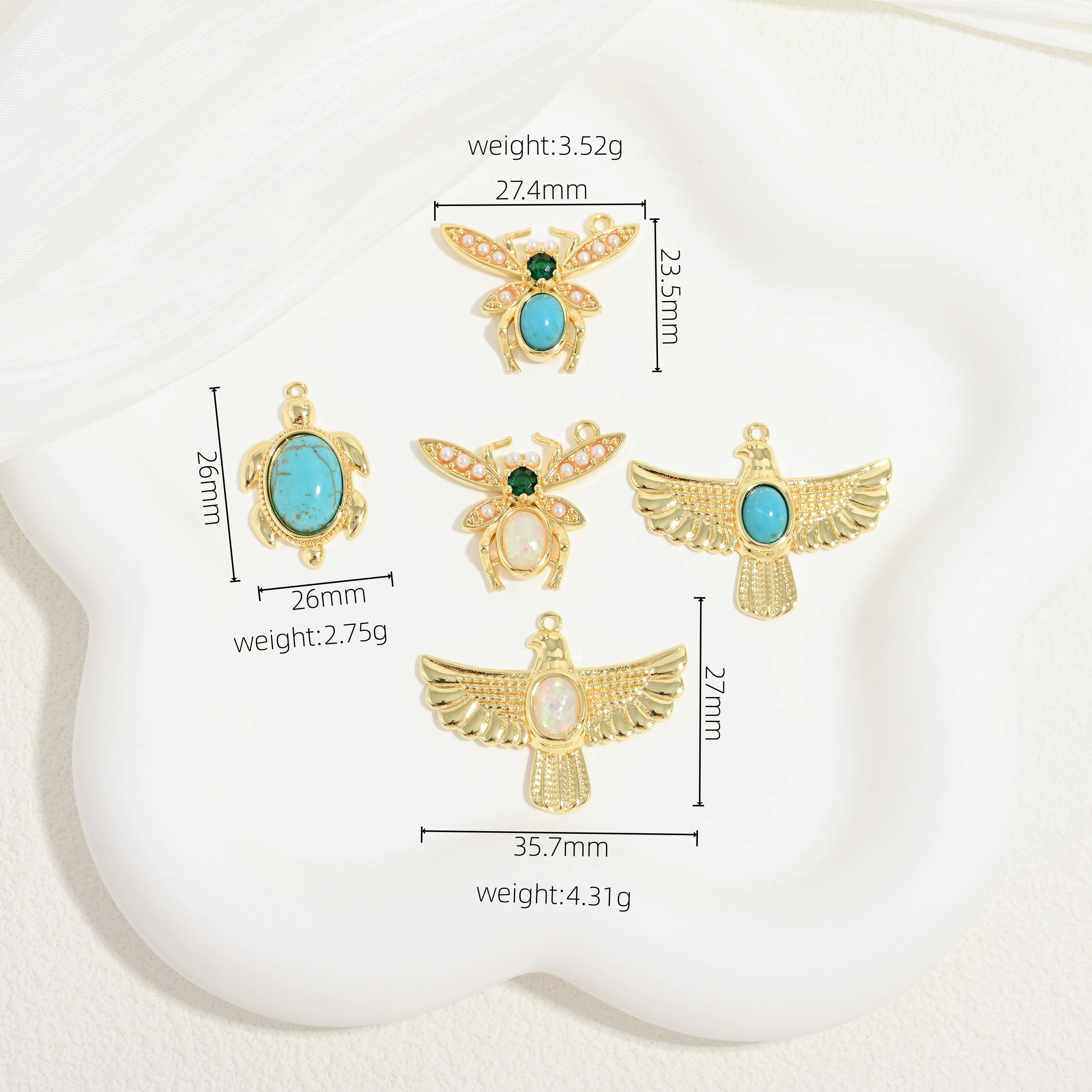 Bee Turtle Eagle Bird Charms CZ Turquoise Opal Pearl 18K Gold Plated Pendants for DIY Jewelry Supplies:VD2458-VD2460