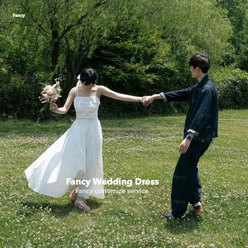 

Fancy Simple Spaghetti Straps A Line Wedding Dress Korea Photo Shoot Taffeta Sleeveless Evening Dress Customized