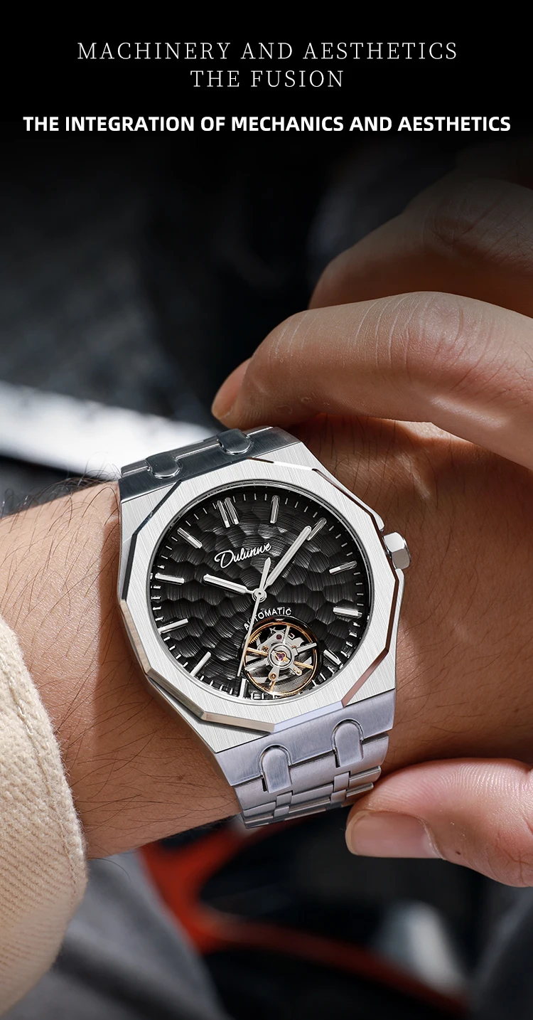 Automatische mechanische Herrenuhr mit orangefarbenem Zifferblatt, Skelett-Tourbillon, achteckige Armbanduhr aus Edelstahl, luxuriöse wasserdichte Uhr – Detail 11
