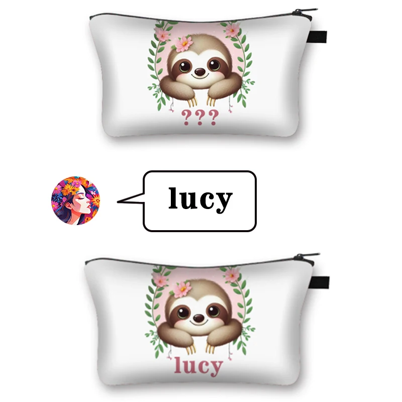 Cute Sloth Customize Name Cosmetic Cases Sloth Girls Makeup Bag Lipstick Organizer Washing Bags Zipper Pouch Napkin Storage Bag