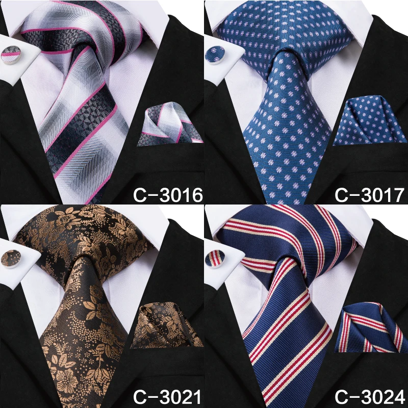 C-3014 Hi-Tie Men Tie Silk Necktie Plaid Brown Ties for Men High Quality Hanky Cufflinks Set Men\'s Wedding Pocket Square Tie Set