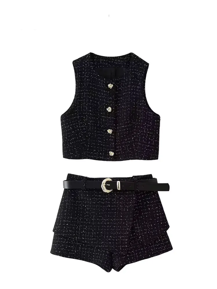 HH Female Set Black O-Neck Sleeveless Button Single Breasted Waistcoat+High Waist Belt Shorts Summer Suit Woman 2024 Trendy