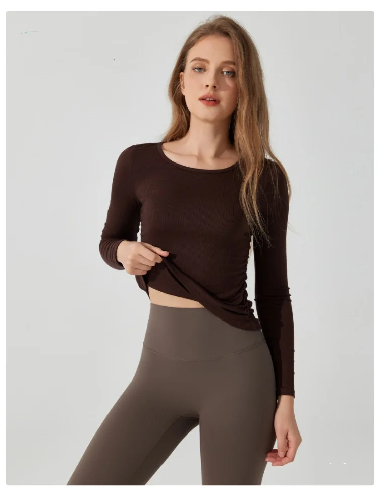 

Осенне-зимняя футболка для занятий спортом, фитнесом, тренировками в тренажерном зале, удобные топы телесного цвета, плиссированные женские эластичные дышащие топы с длинными рукавами для йоги