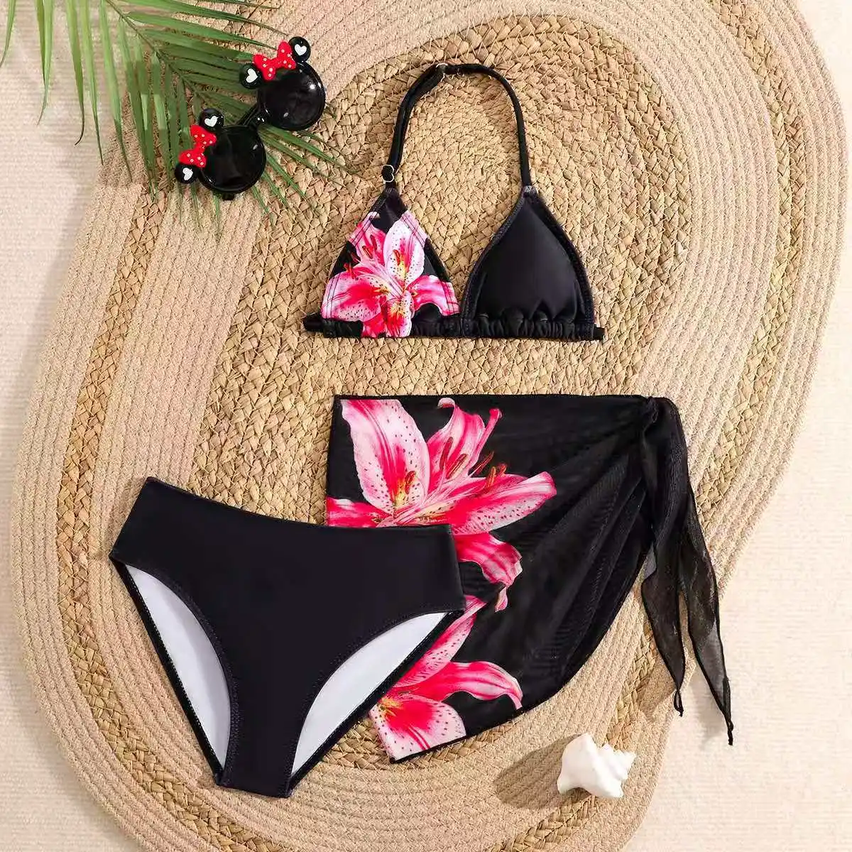 

Детский купальник с цветочным принтом для детей 8-12 лет, детский купальник, купальный костюм для подростков, пляжные комплекты бикини из 3 упаковок с юбками, накидки