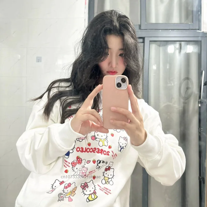 Sanrio Hello Kitty New Long Sleeve Top Shirts Cartoon Korean Style White Sweatshirts Women Cute Round Neck Pullovers Y2k Clothes