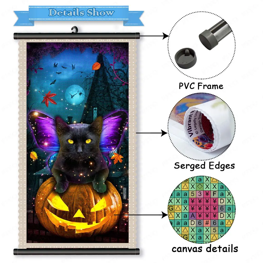 Framed Diamond Painting Halloween Animal Cat Diamond Embroidery Mosaic with Scroll Frame Cross Stitch Picture Home Decor quadros