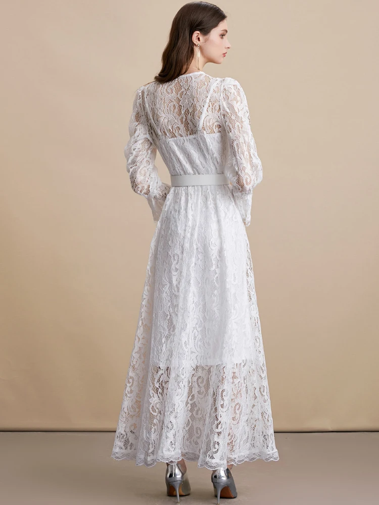 럭셔리 비치 브이넥 레이스 패치워크 드레스 여성용 2026 봄 여름 화이트 플리츠 시스루 미디 드레스 벨트 포함 INKEO 5D263