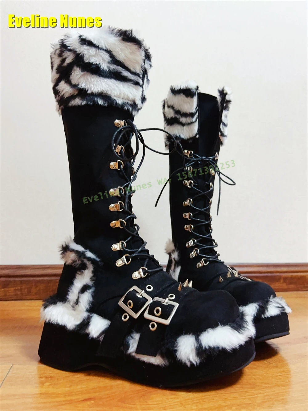 Zebra-Stripe Fur Cross Tied Long Boots Round Toe Thick Sole Belt Buckle Spike Rivet Large Size Knee High Booties 2024 Winter