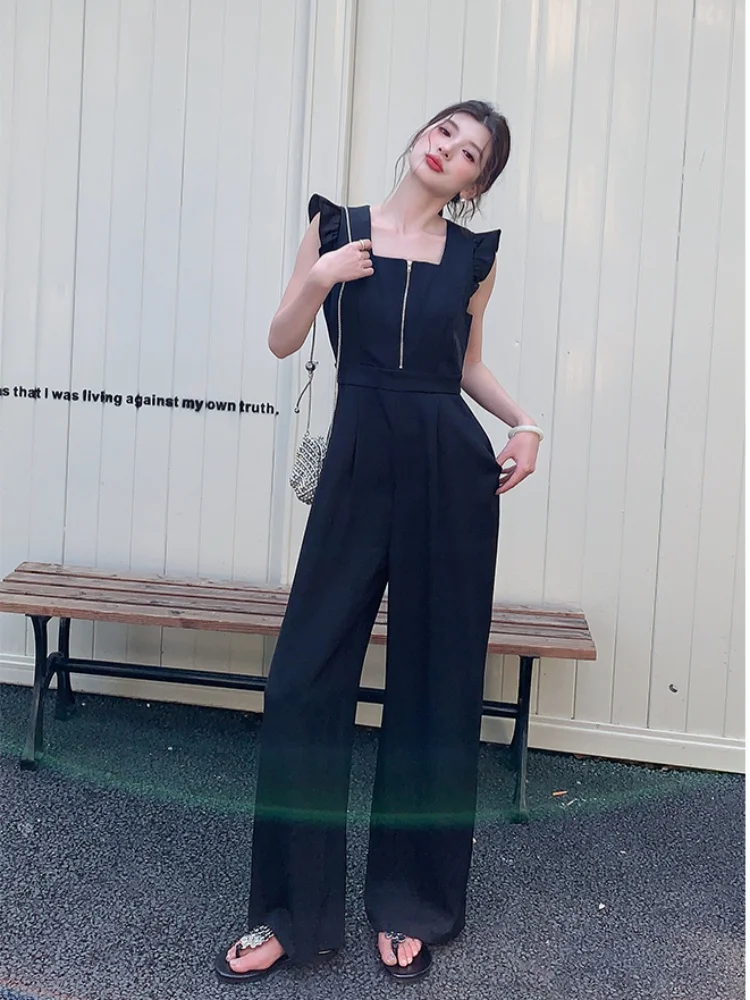 Tuta nera per donna Tuta estiva a gamba larga di fascia alta stile dea con vita sottile