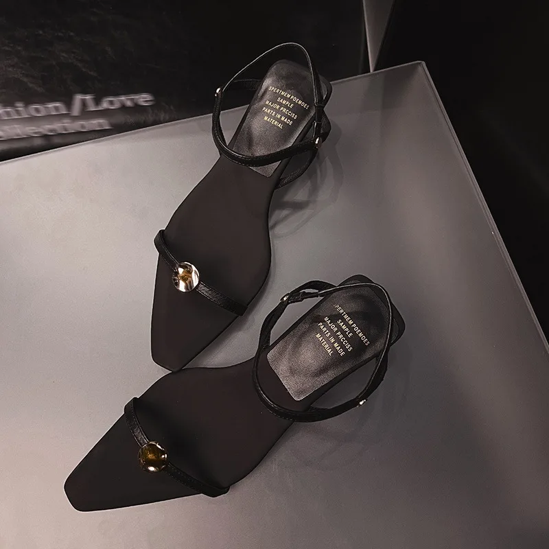 Arden Furtado Summer Kitten heel cowhide word-cingulate Sandals Square toe metal decoration Thin heels Open toe Sandals