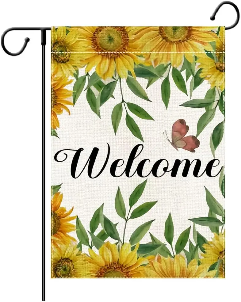 Welcome Sunflowers Garden Flag 12.5 x 18 Inch Summer Floral Vertical Double Sided Burlap Flag for Seasonal Holiday Yard Outd EEZ