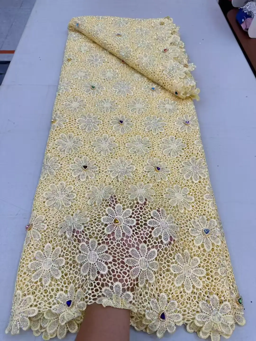 African Milk Silk Cord Lace Fabric 2025 High Quality Lace 5 Yards Nigerian French Mesh Lace With Beads For Wedding Dress Sewing