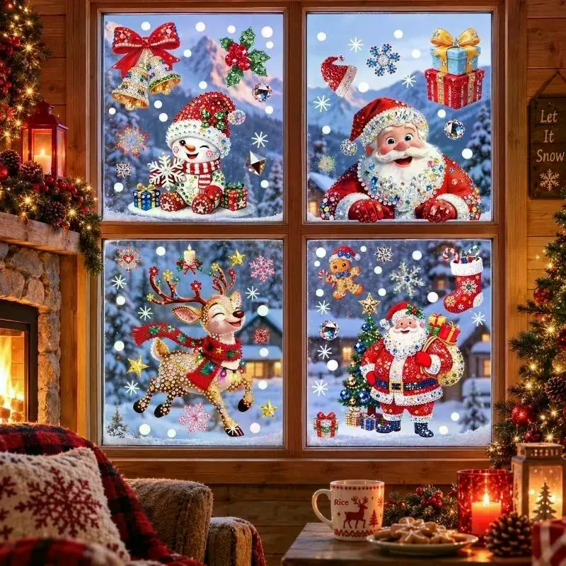 Christmas Window Stickers Glow in Dark Snowman Santa Elf Pattern Non-toxic for Kids Room Mall Xmas Decor