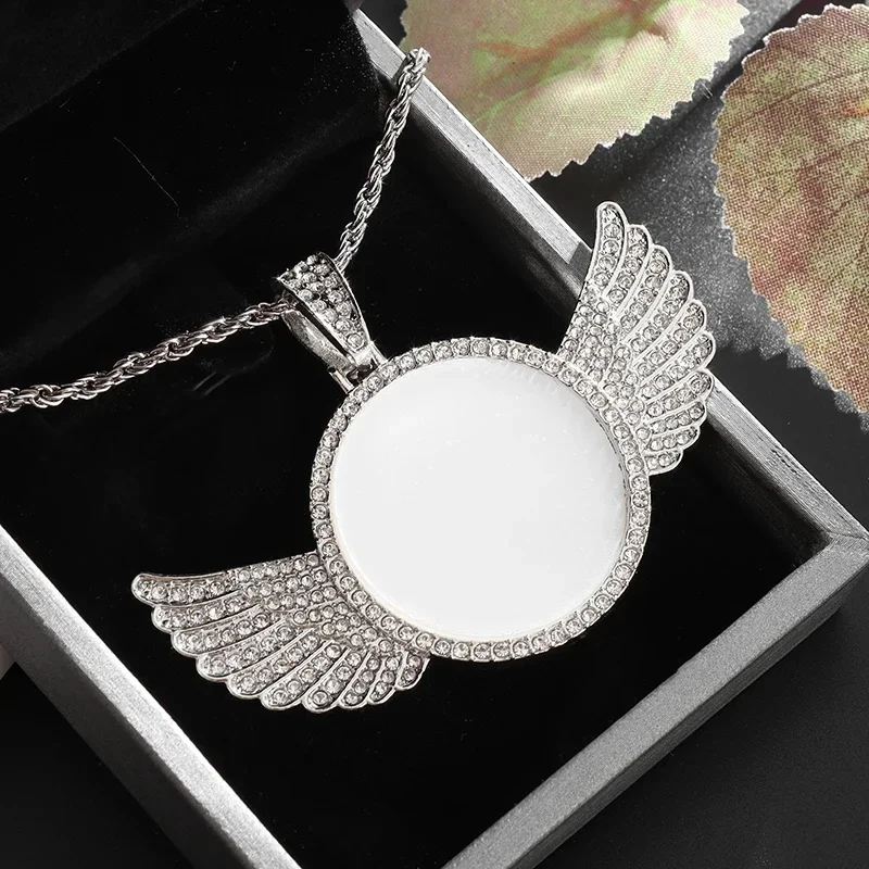 Fashion Memory Angel Wings Mirror Ice Crystal Zirconia Photo Memorial Necklace Couple Hip Hop Jewelry Birthday Gift