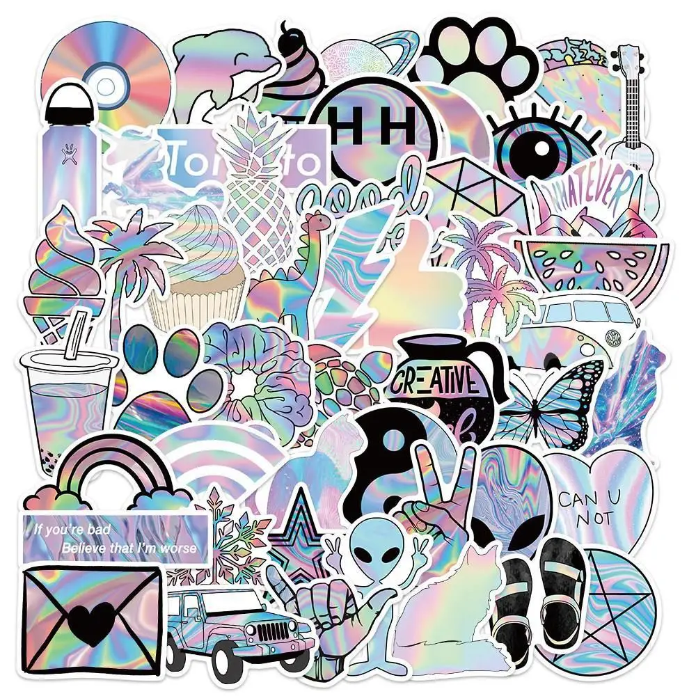 50 Stück Cartoon VSCO holografische Laser-Aufkleber, niedlicher Farbverlauf, Mädchen-Graffiti-Aufkleber für Gepäck, Skateboard, DIY, cooles gemischtes Design