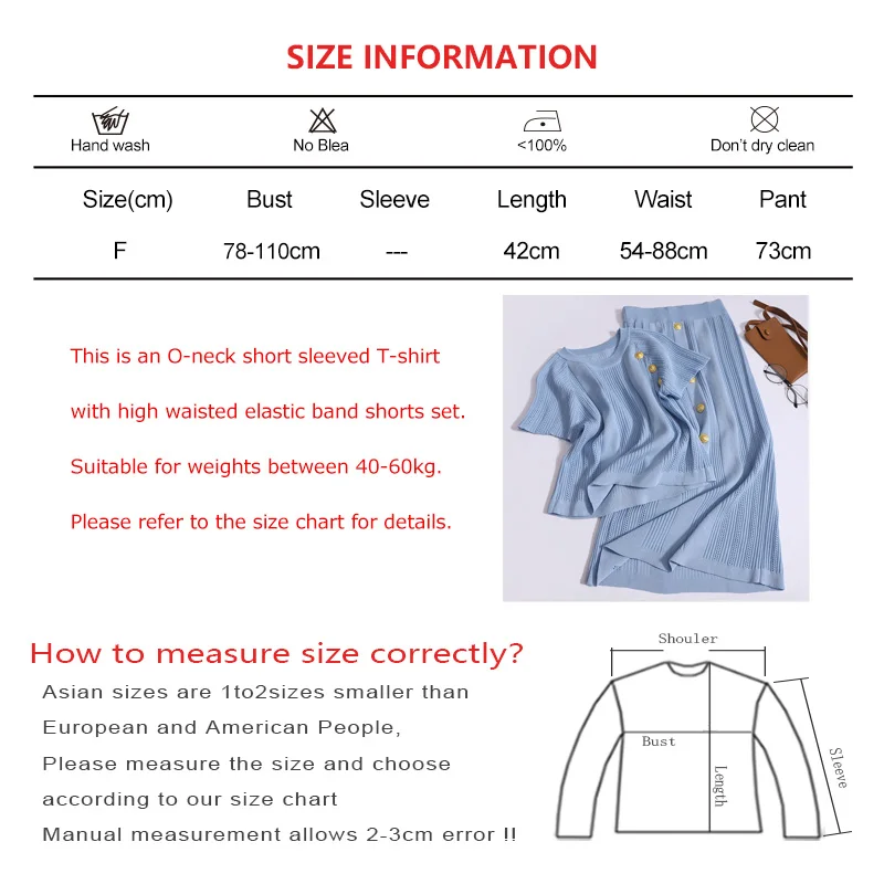 Women Spring Fashion O-neck Set Short Sleeved T-shirt Metal Button Elastic Band Knee Length Skirt Vintage Two-piece Set Summer