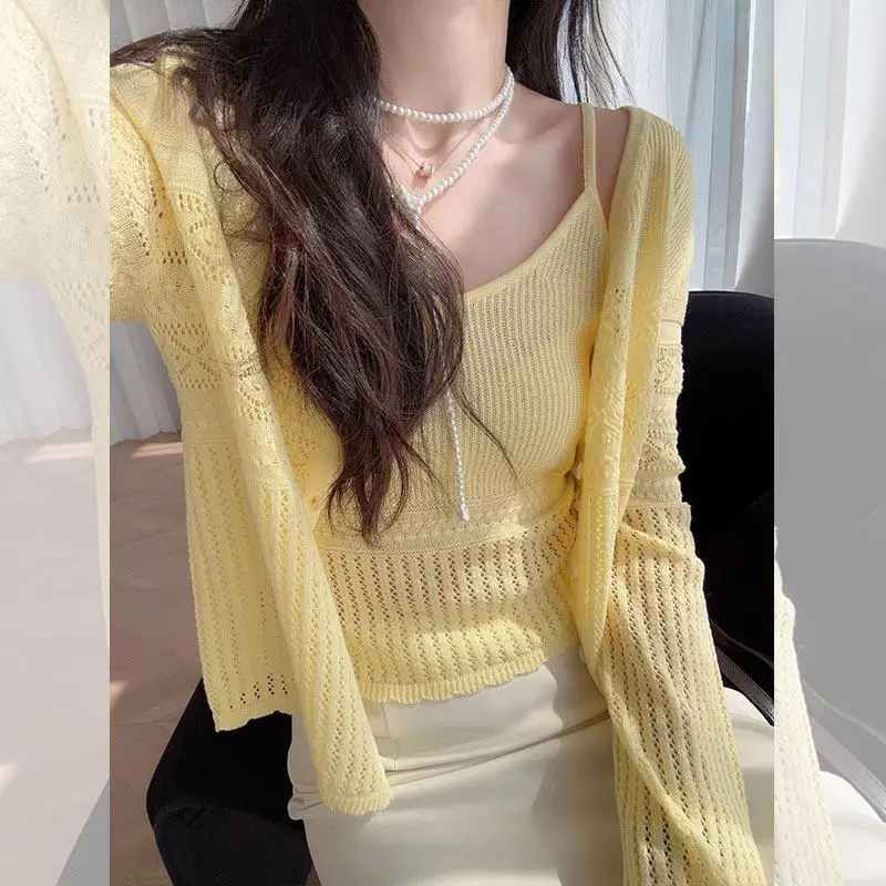 

2 Pieces Set Spring Fall Women V Neck Yellow Blue Purple Knitted Hollow Out Cardigan Top Shirt , Woman Fashion Elegant Tops