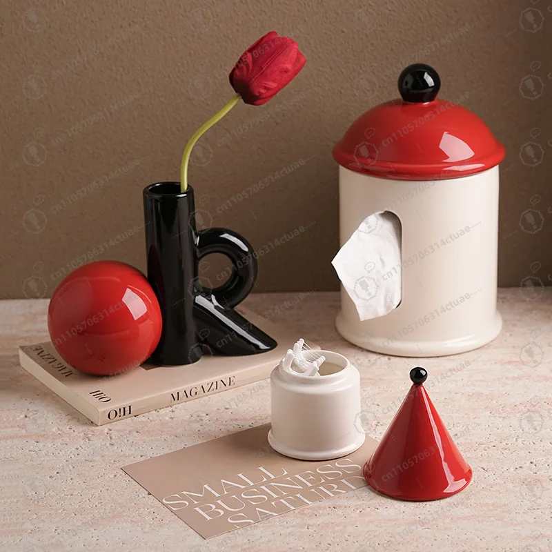Home Desktop Dopamine Ornament, Ceramic Multifunctional Tissue Box Vase Floss Tube view 3