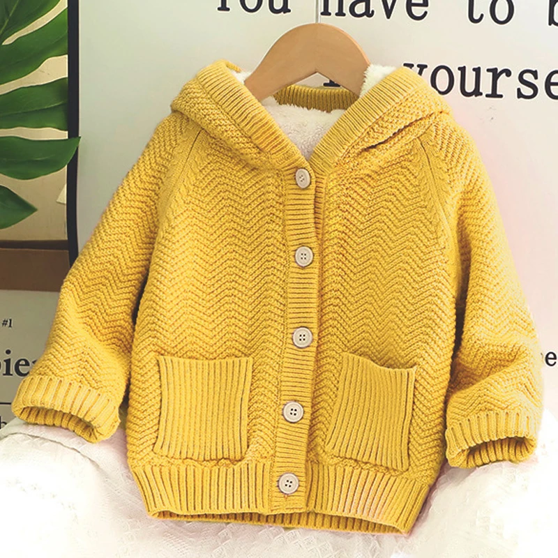 2023 Winter New Boys Sweater Jacket Lining Plus Velvet Thicken Keep Warm Hooded Overcoat For 1-8 Years Girls Knit Cardigan