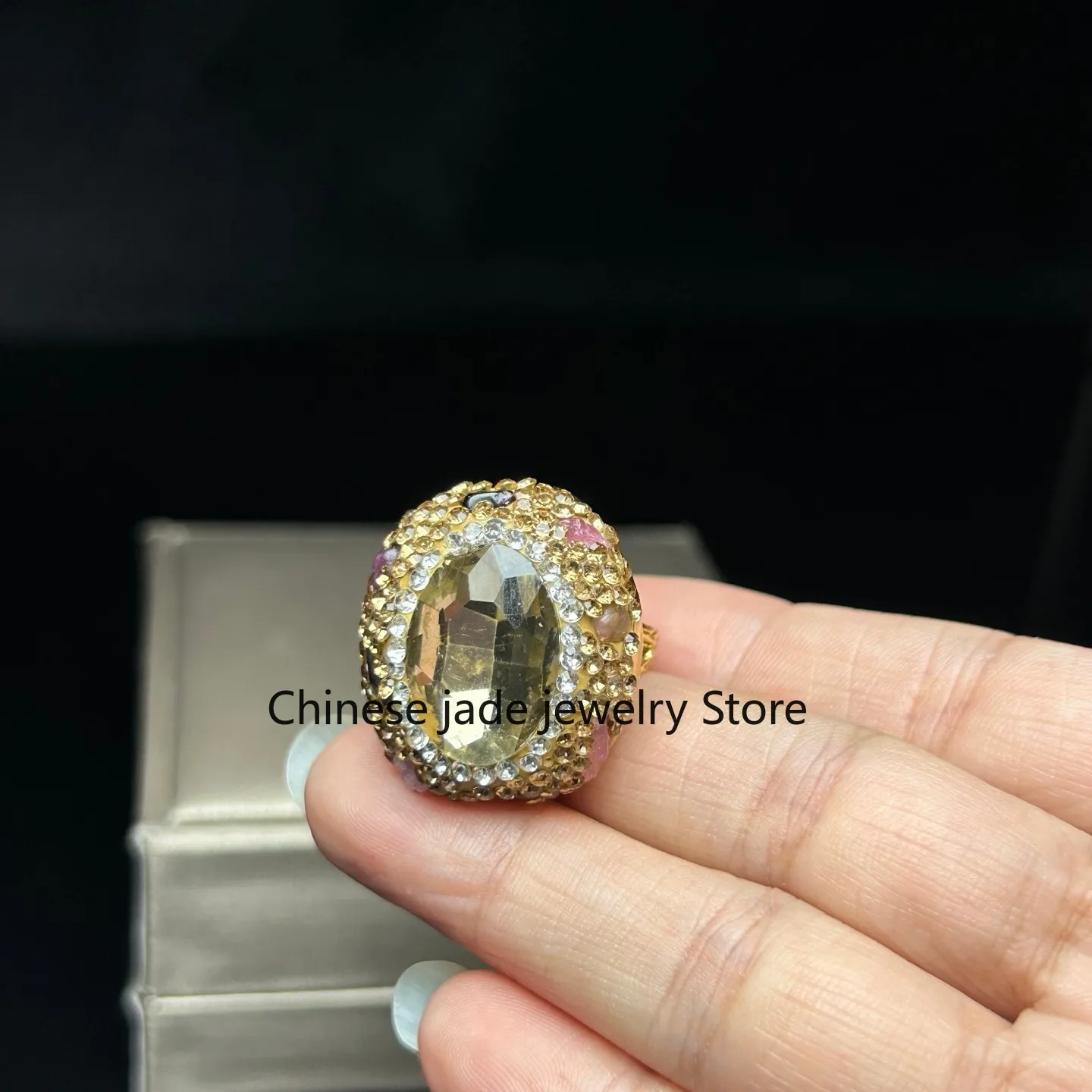 Real Natural Inlay White Seven-color faceted gemston Archaistic Amulet Rings