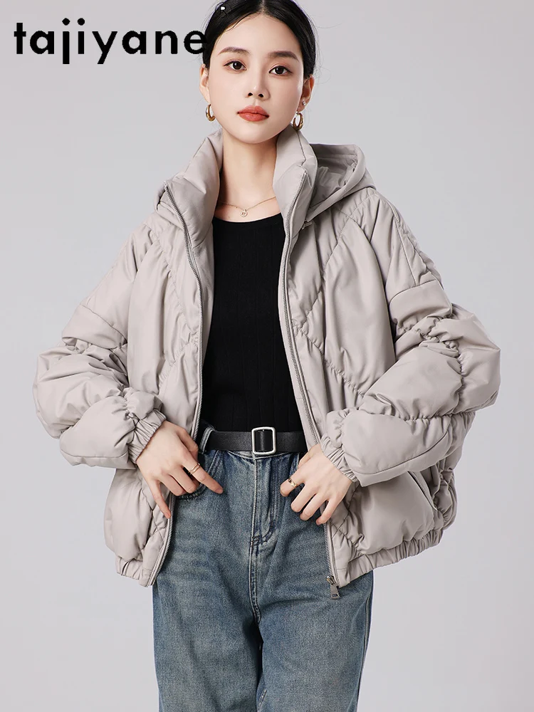 TAJIYANE 100% manteau en duvet de peau de mouton femmes veste en cuir véritable à capuche ample vestes bouffantes grises 2025 vêtements d'hiver pour femmes 상??.킹킹킹