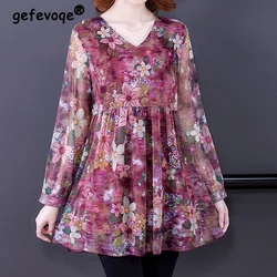 Casual Vintage Floral Printing Gauze Long Shirt Summer Autumn 2023 V-Neck Long/Short Sleeve Loose Pullovers Tops Ladies Clothing