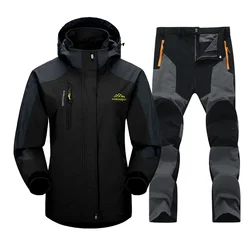 Men Waterproof Hiking Jacket Suit Thin Fleece Jacket And Quick-Drying Pants Outdoor Trekking Camp Coat Set Pants Climb Trousers