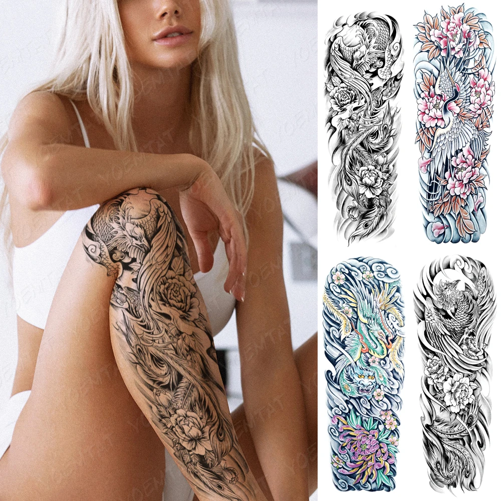 

Big Arm Sleeve Waterproof Temporary Tattoo Sticker Phoenix Chrysanthemum Crane Peony Body Art Fake Tatto Men Women 3D Tattoos