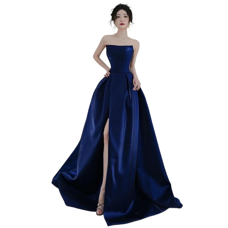 Blue tube top evening dress 2025 new French luxury hosting annual meeting Bel Canto solo art test dress dress