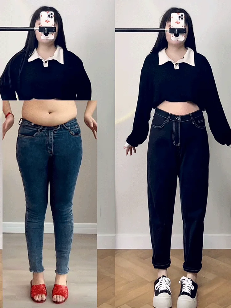 

High Waist Wide Leg Jeans Women's Autumn Winter plus Size Slimming Straight Cut Two Piece Set High Cotton Elastic Fabric