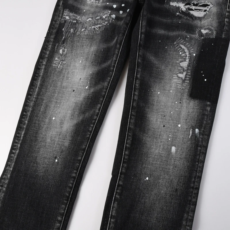 

High Street Designer Fashion Men Jeans Retro Black Gray Stretch Slim Fit Ripped Jeans Men Embroidery Patched Brand Denim Pants