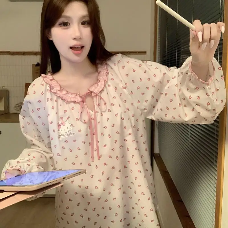 

Sanrio Style Women's Pajamas Sleepwear Autumn Pink Sweet Cute Floral Print Long Sleeve and Pants New Loungewear Set fashion