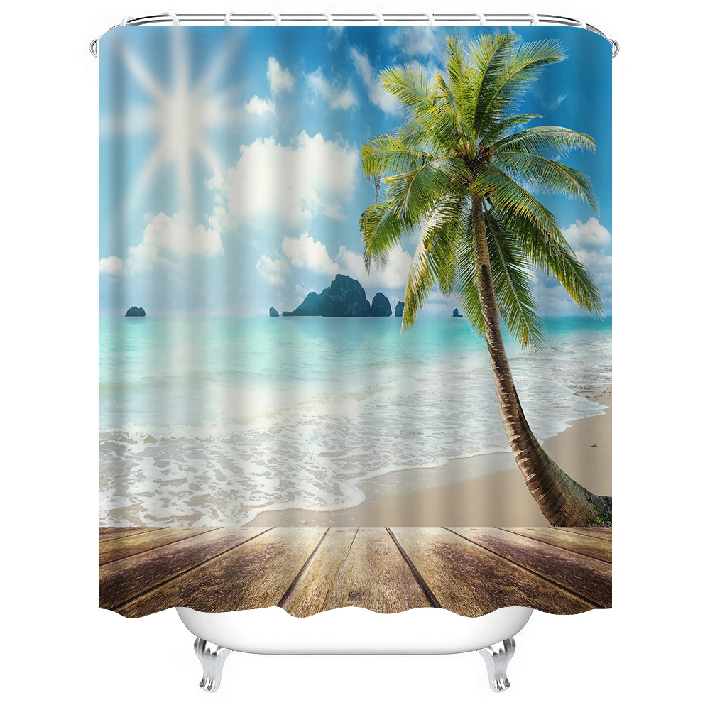 1pc Coconut Coaste Shower Curtain Bathroom Partition Decorative Curtain Machine Washable Tree Beach Print Window Privacy Curtain