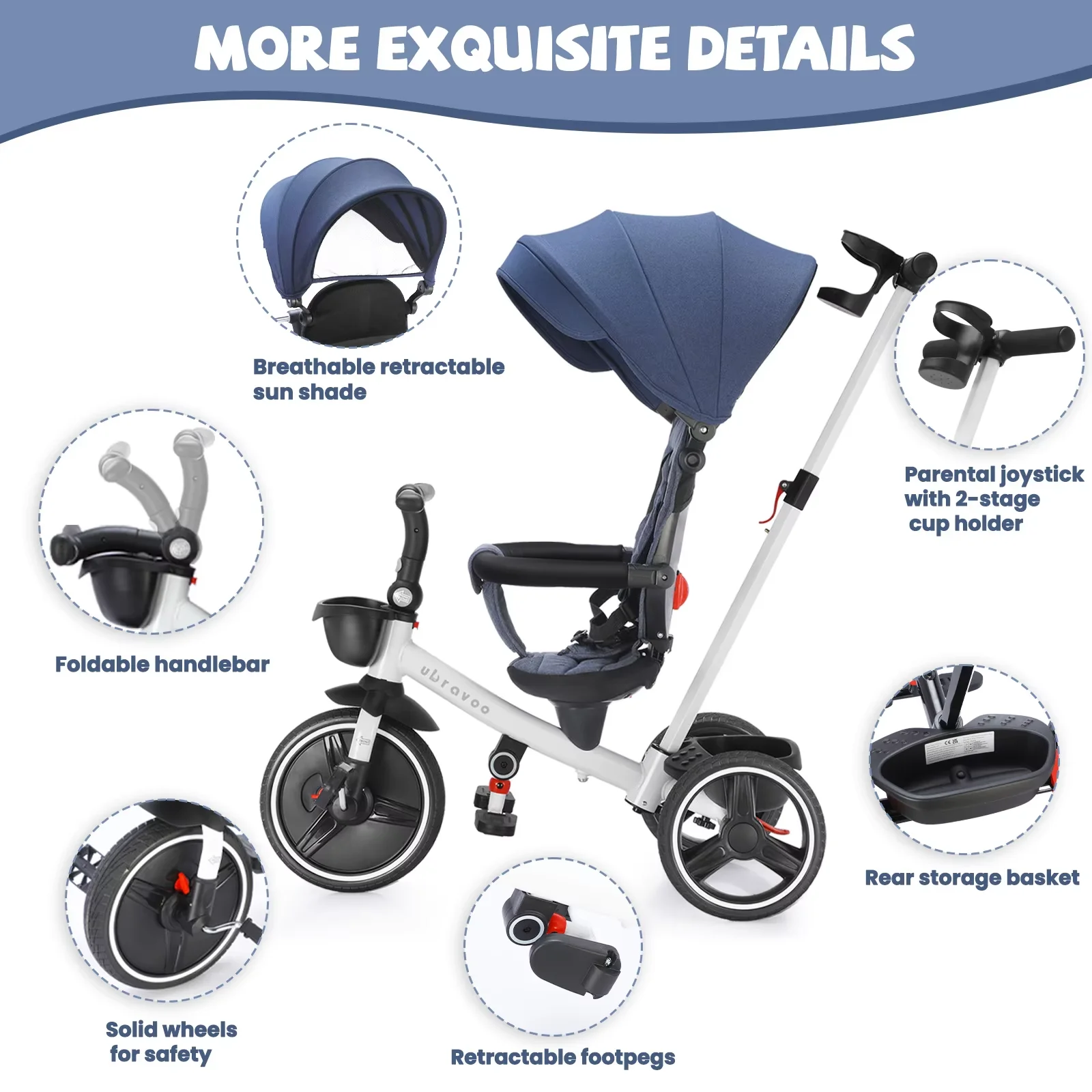 دراجة ثلاثية العجلات للأطفال قابلة للطي 6 في 1 - مقبض أمامي قابل للتعديل، حزام أمان، فرامل عجلات ومظلة قابلة للإزالة | أطفال ترايك #2