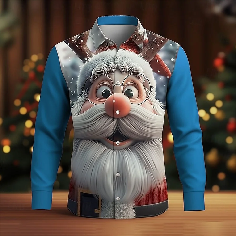 Autumn Men Christmas Long Sleeved Shirt Men's Santa Claus Snowflake Funny Shirt Button Up Shirt Long Sleeve Funny Christmas Gift