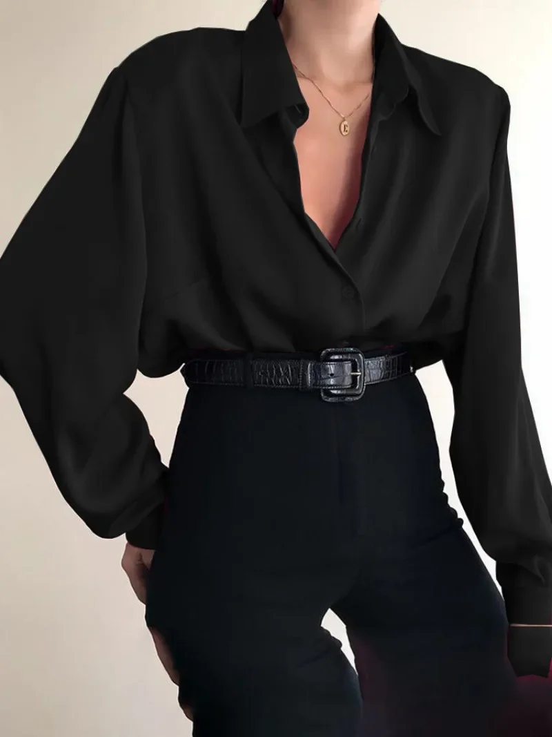 

Women Button Blouses Turn Down Collar Shirts Office Lady Long Sleeve Casual Blouse Korean Loose OL Shirt Baggy Chic Tunics Tops