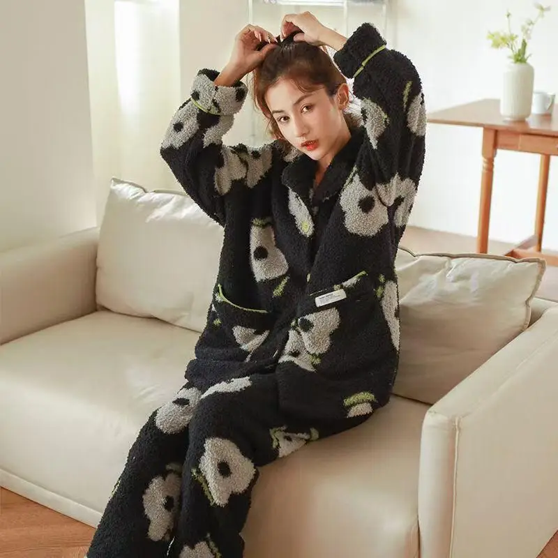 امرأة الشتاء Pj مجموعة منامة دعوى الطباعة رشاقته الفانيلا Homewear يمكن ارتداؤها كملابس خارجية المرجان الصوف الدفء ملابس خاصة دعوى