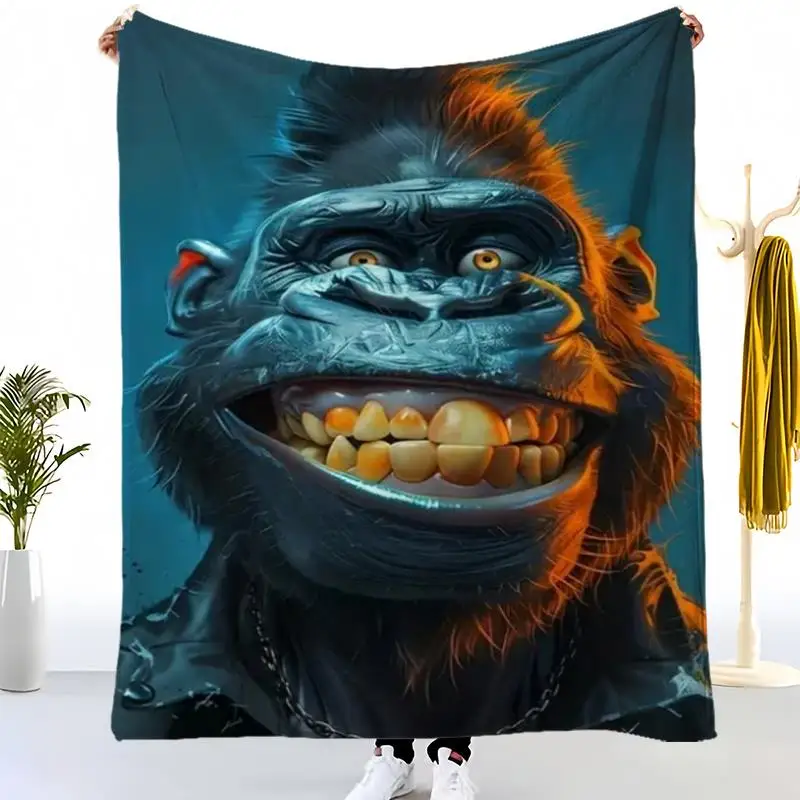 1pc Queen Size Soft Flannel Plush Blanket - Bold Gorilla Face & Shark Cat Yin Yang Design in Deep Blue & Golden,  All-Seas